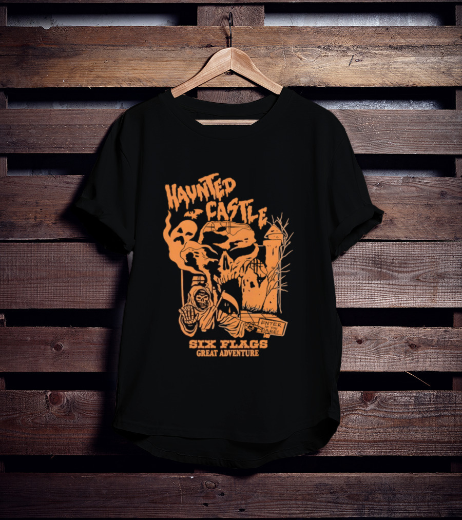 Six Flags Great Adventure Haunted Castle Enter If You Dare Spooky Skeleton And Ghosts T-Shirt