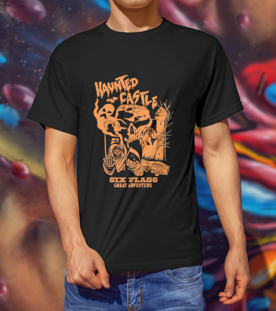 Six Flags Great Adventure Haunted Castle Enter If You Dare Spooky Skeleton And Ghosts T-Shirt
