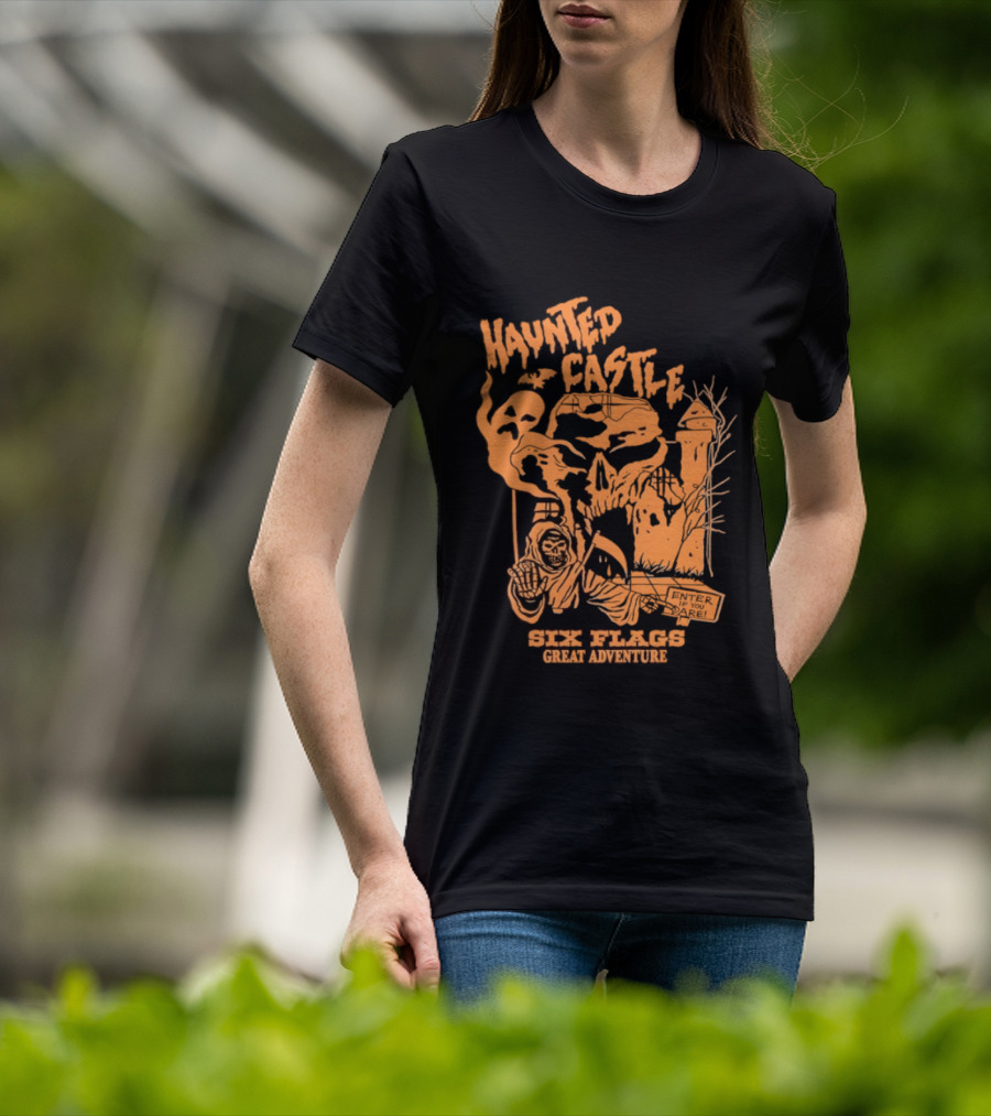 Six Flags Great Adventure Haunted Castle Enter If You Dare Spooky Skeleton And Ghosts T-Shirt