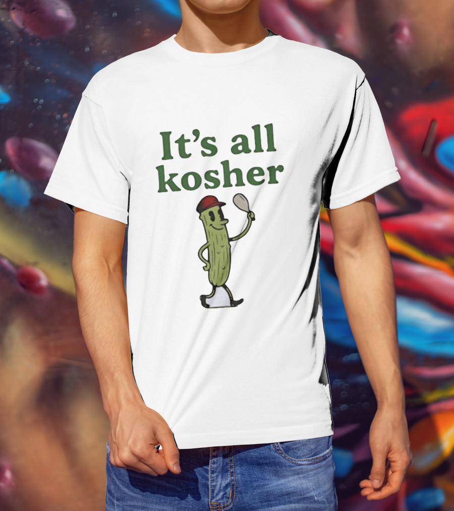Kosher Pickle Cartoon With Baseball Cap And Spoon T-Shirt