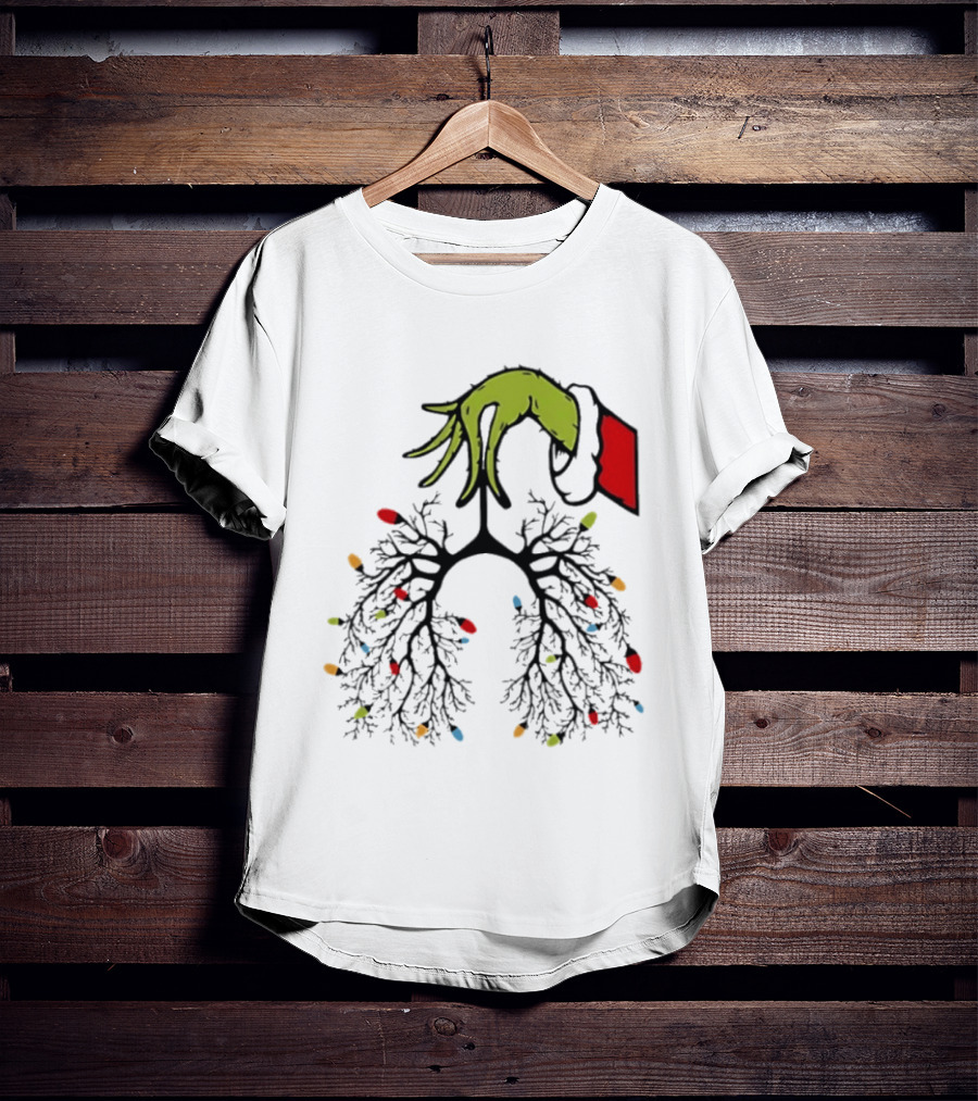 Christmas 2025 Nurse Lungs With Lights And Green Hand Santa Sleeve T-Shirt