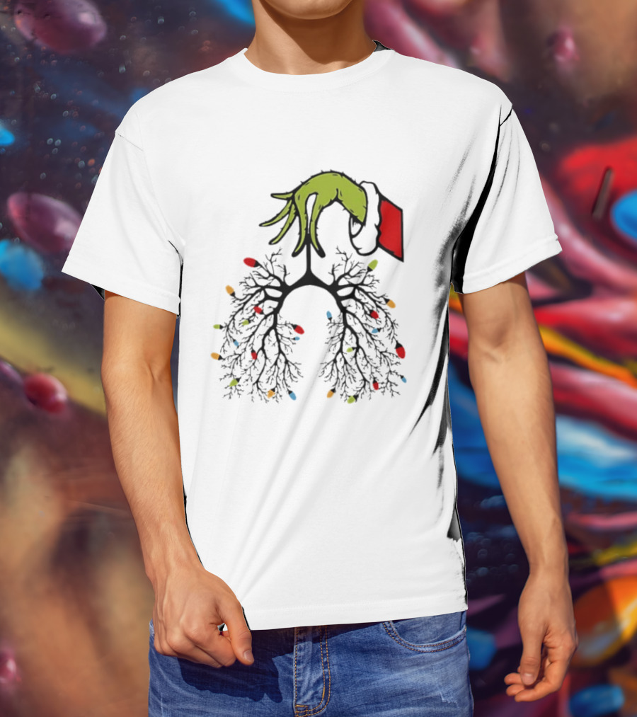 Christmas 2025 Nurse Lungs With Lights And Green Hand Santa Sleeve T-Shirt