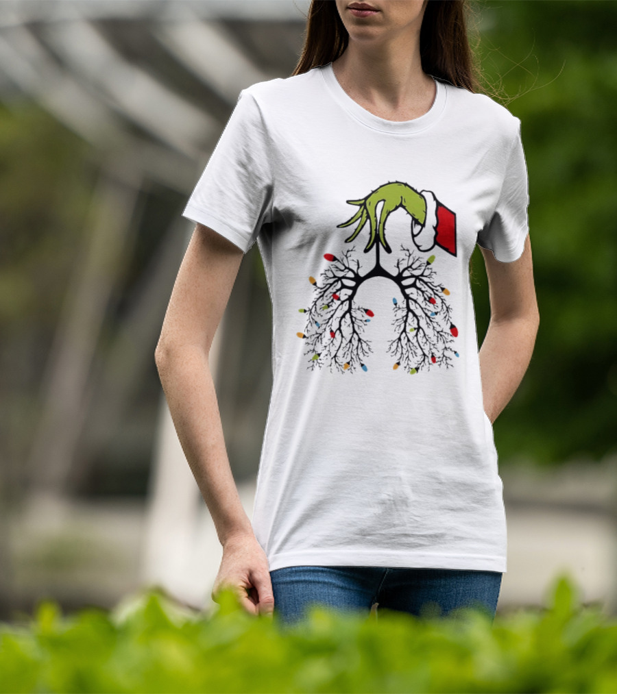 Christmas 2025 Nurse Lungs With Lights And Green Hand Santa Sleeve T-Shirt
