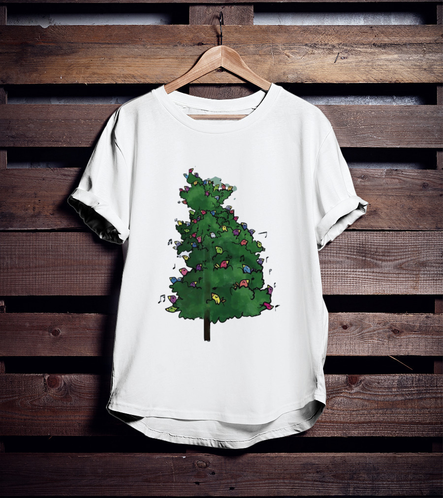 Colorful Singing Birds In Evergreen Tree With Musical Notes T-Shirt