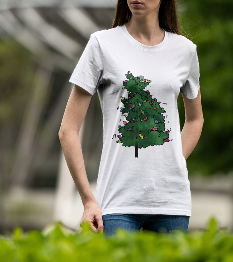 Colorful Singing Birds In Evergreen Tree With Musical Notes T-Shirt