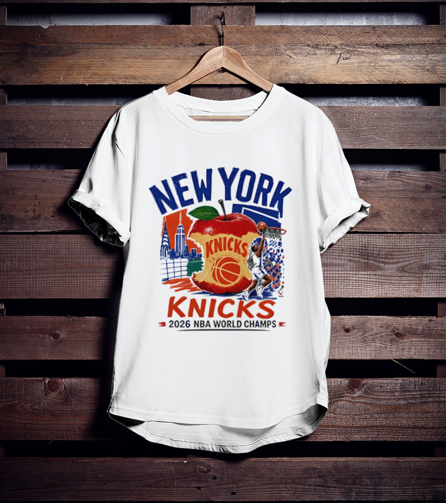 New York Knicks 2026 NBA World Champs Skyline Apple Basketball T-Shirt
