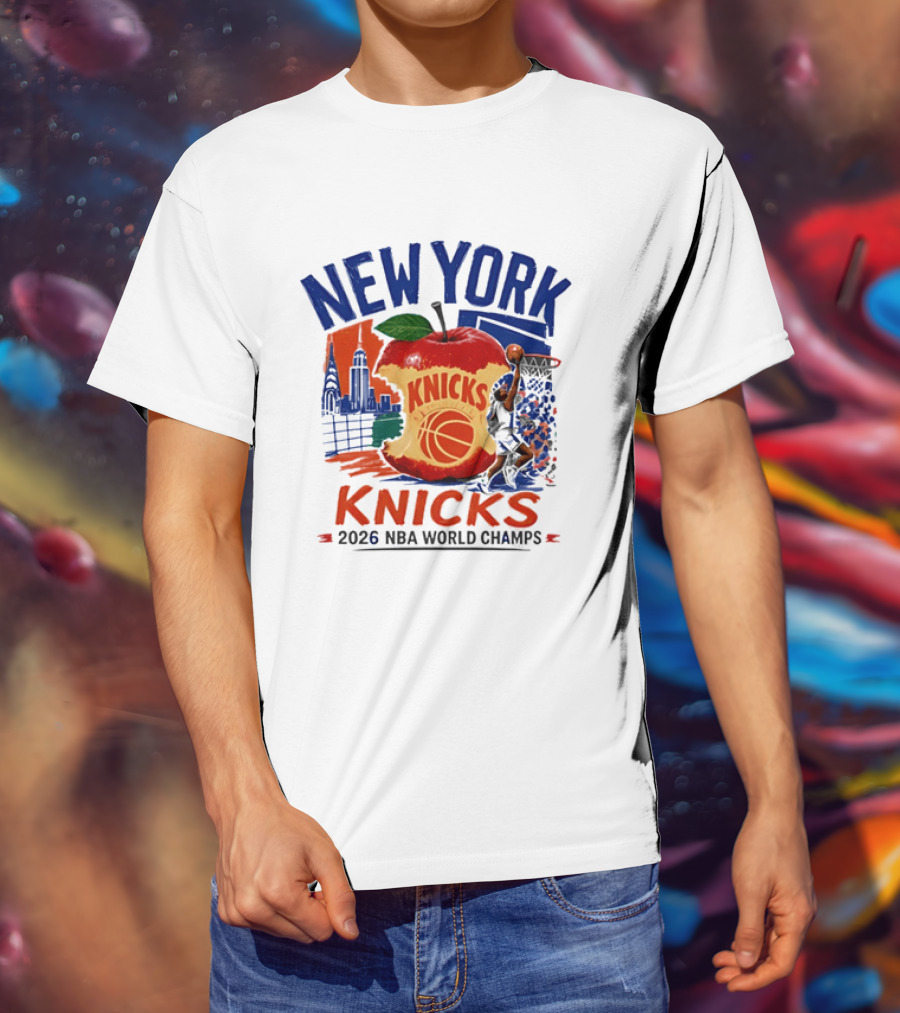 New York Knicks 2026 NBA World Champs Skyline Apple Basketball T-Shirt