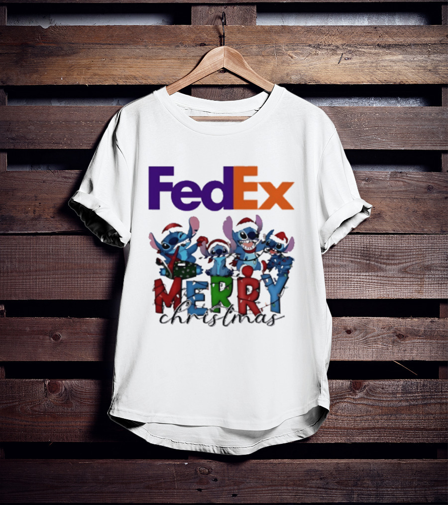 FedEx Stitch Merry Christmas 2025 Characters In Santa Hats T-Shirt