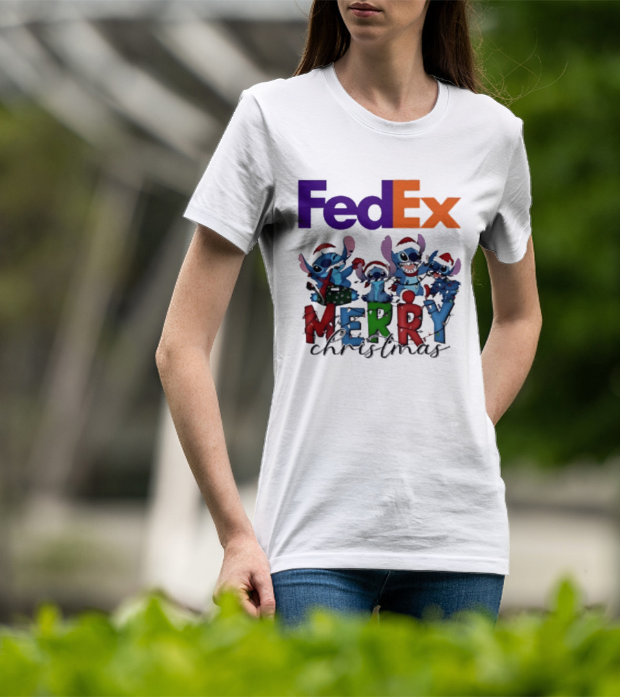 FedEx Stitch Merry Christmas 2025 Characters In Santa Hats T-Shirt