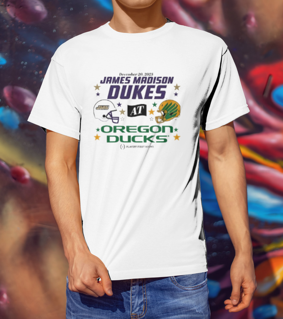 James Madison Dukes Vs Oregon Ducks December 20 2025 CFP Playoff First Round T-Shirt
