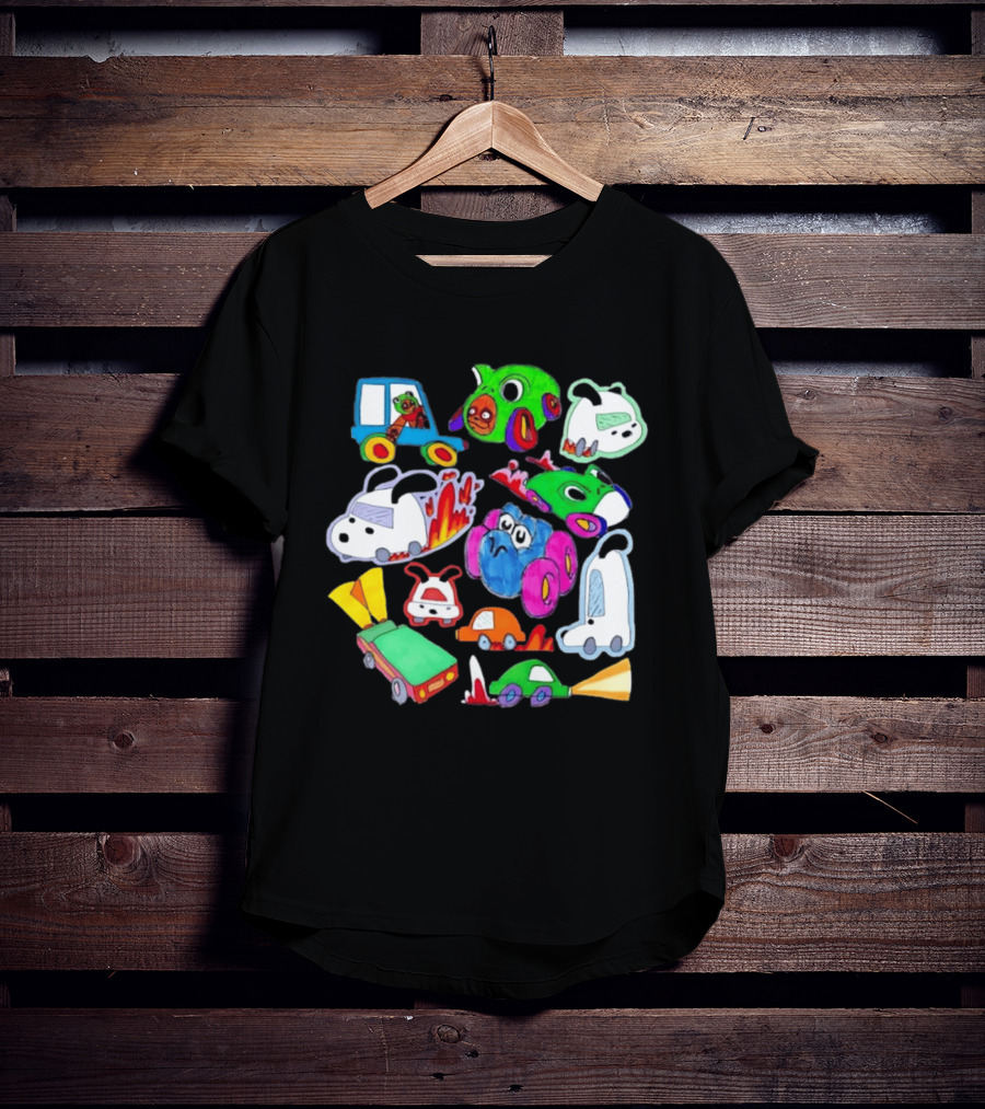 Colorful Cartoon Animal Toy Cars With Rocket Exhaust And Flames Racing Sketch T-Shirt