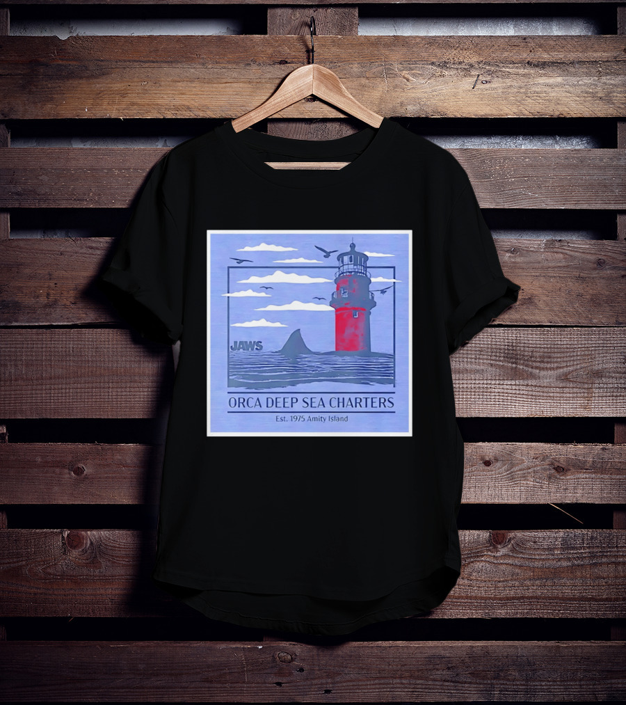 Jaws Orca Deep Sea Charters 1975 Amity Island Lighthouse Ocean Adventure T-Shirt