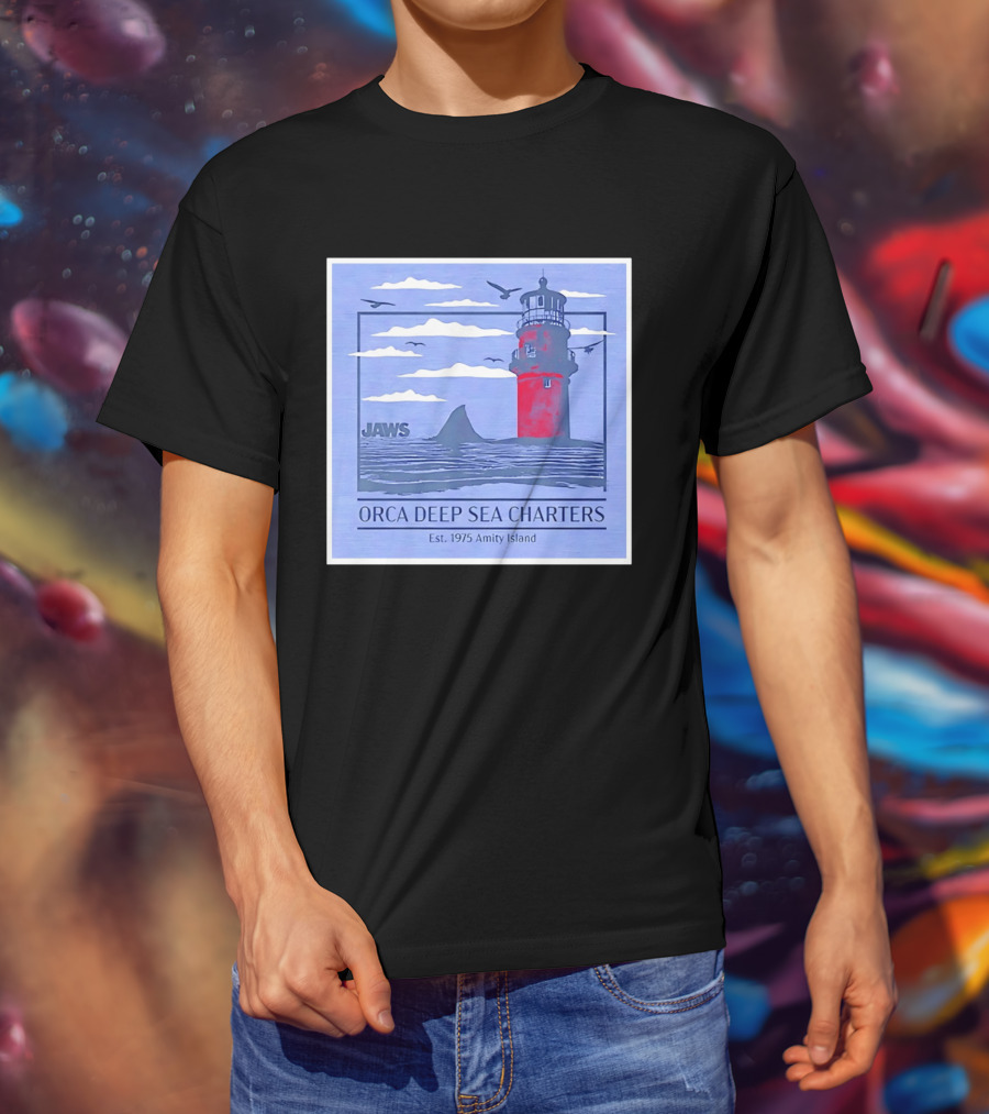 Jaws Orca Deep Sea Charters 1975 Amity Island Lighthouse Ocean Adventure T-Shirt
