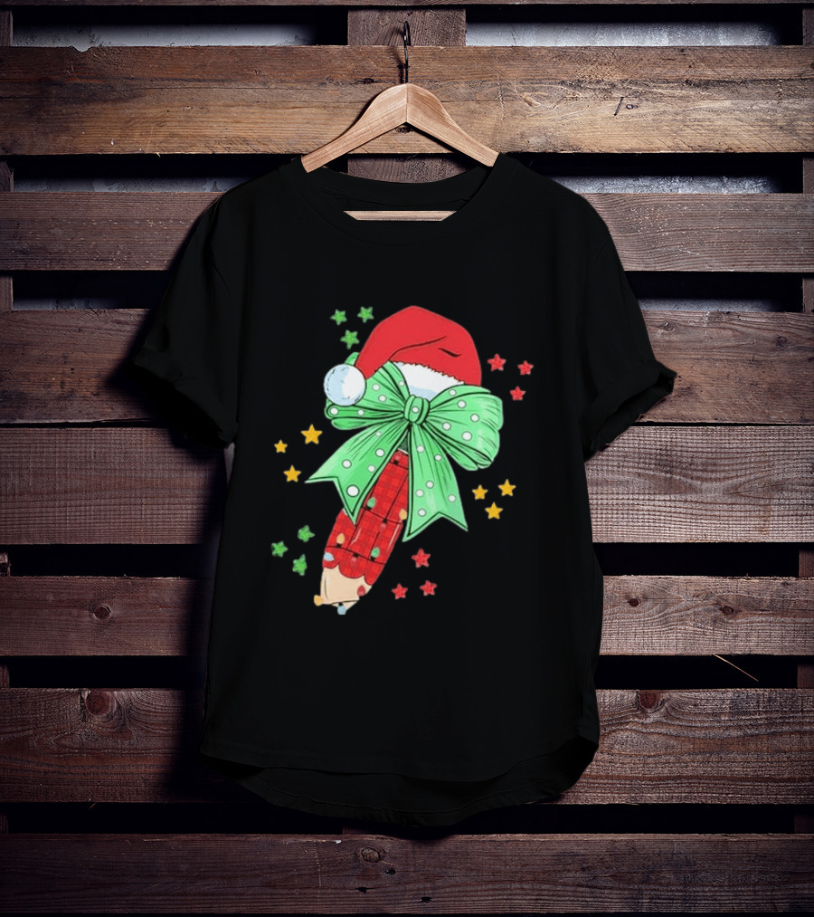 Christmas Elf Pen Candy Cane With Green Bow And Santa Hat T-Shirt