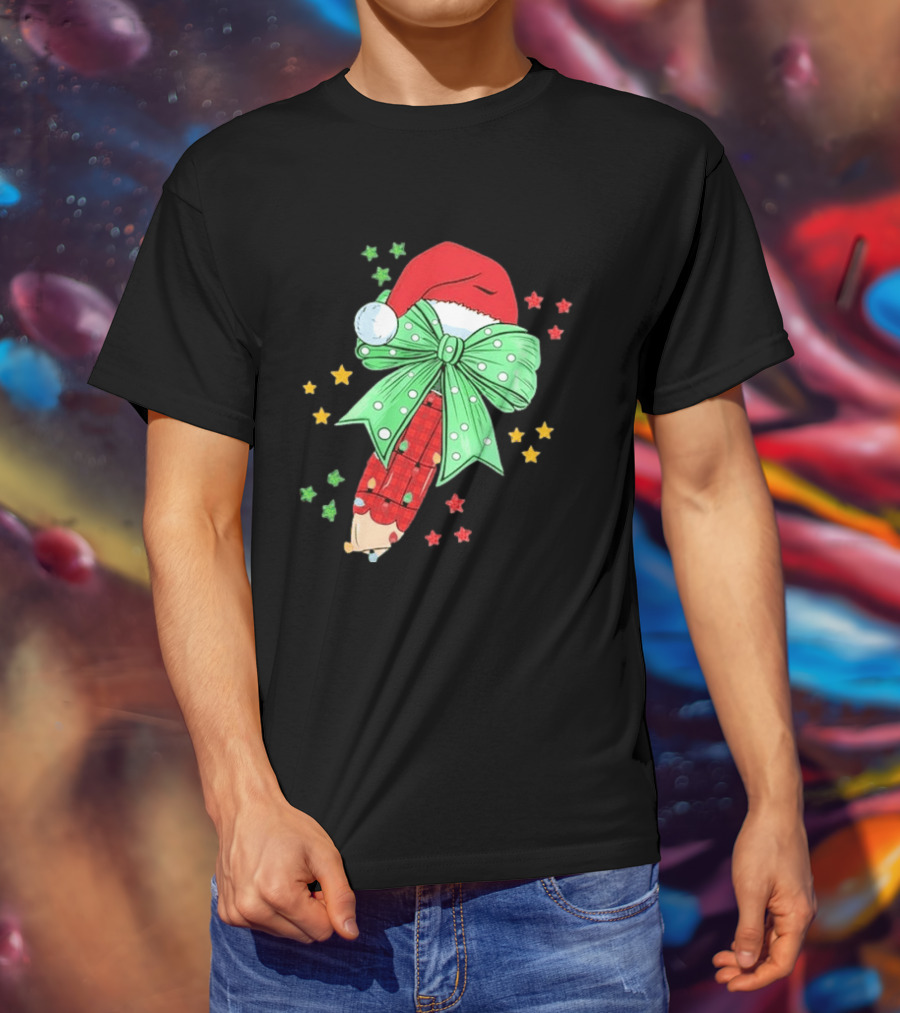 Christmas Elf Pen Candy Cane With Green Bow And Santa Hat T-Shirt