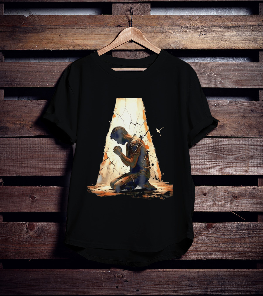 Man Kneeling In Prayer Spiritual Faith Devotion Cracked Wall And Light T-Shirt