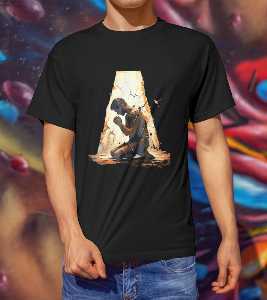 Man Kneeling In Prayer Spiritual Faith Devotion Cracked Wall And Light T-Shirt