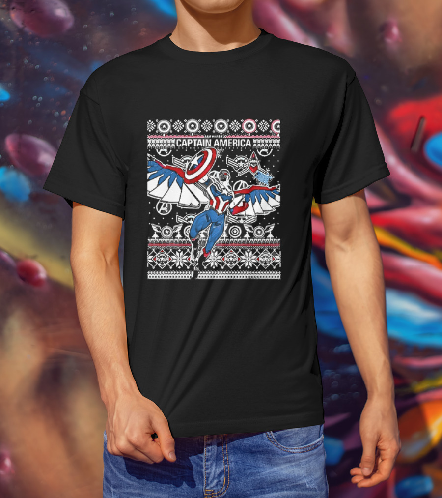 Marvel Captain America Sam Wilson Christmas Sweater Style Festive Holiday T-Shirt