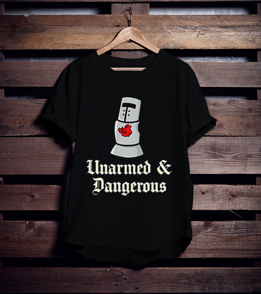 Unarmed And Dangerous Classic Medieval Helmet With Red Mark T-Shirt