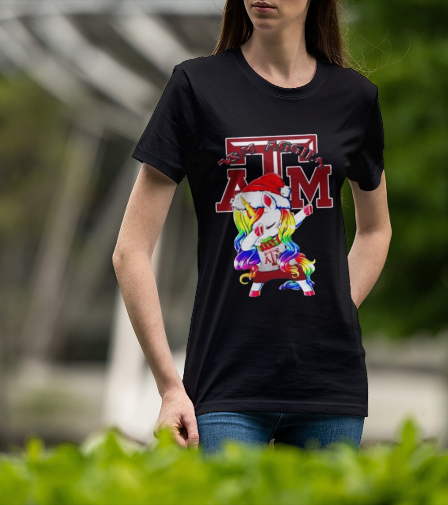 Texas Am Aggies Unicorn Dabbing Santa Hat Merry Christmas T-Shirt