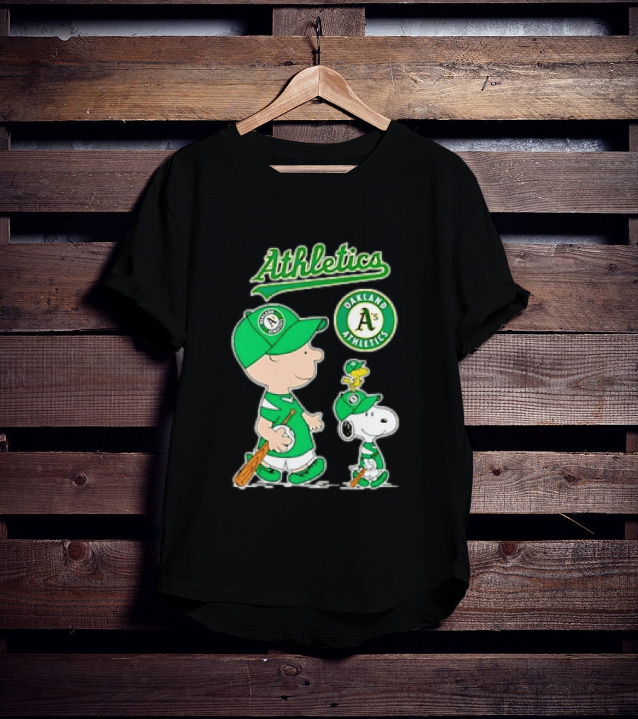 Oakland Athletics MLB Charlie Brown Snoopy Woodstock Baseball Peanuts Characters T-Shirt