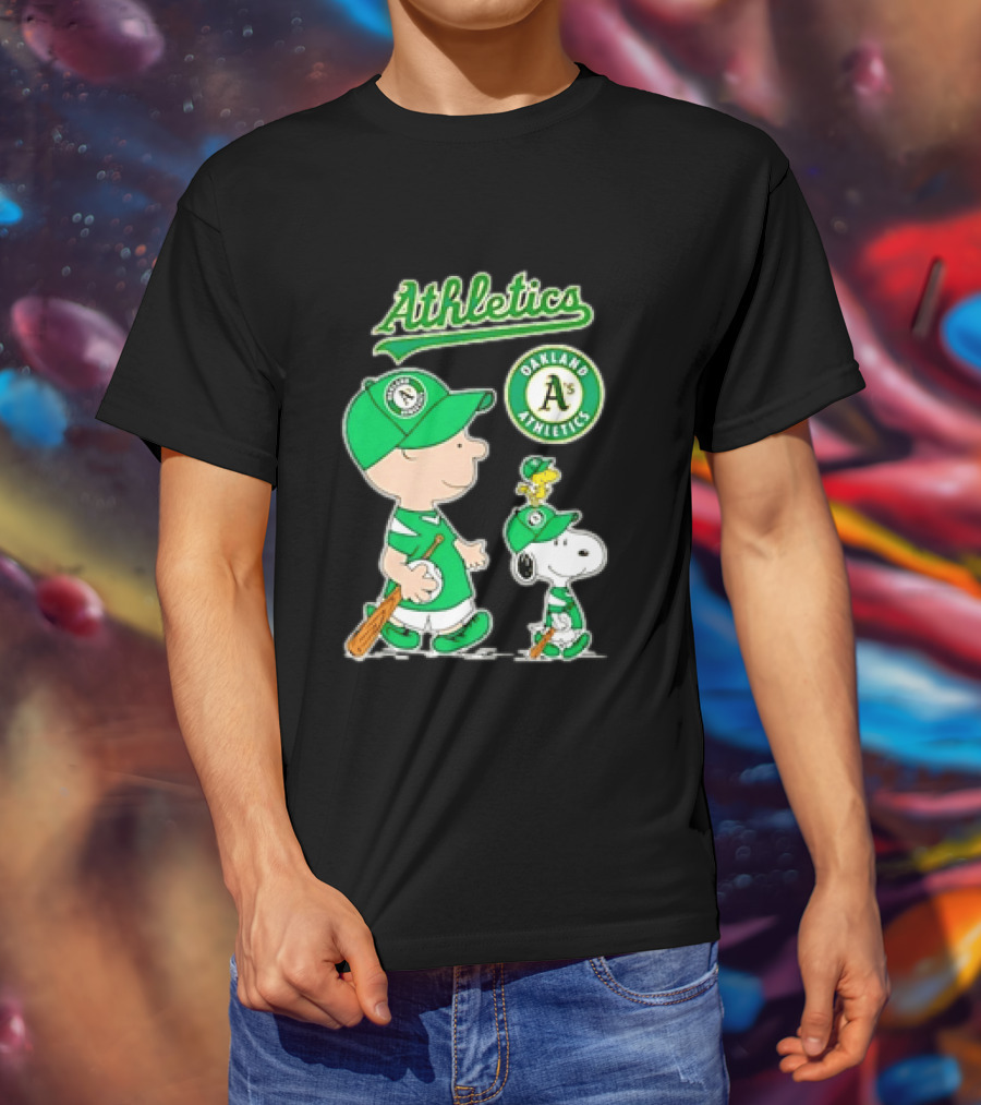 Oakland Athletics MLB Charlie Brown Snoopy Woodstock Baseball Peanuts Characters T-Shirt