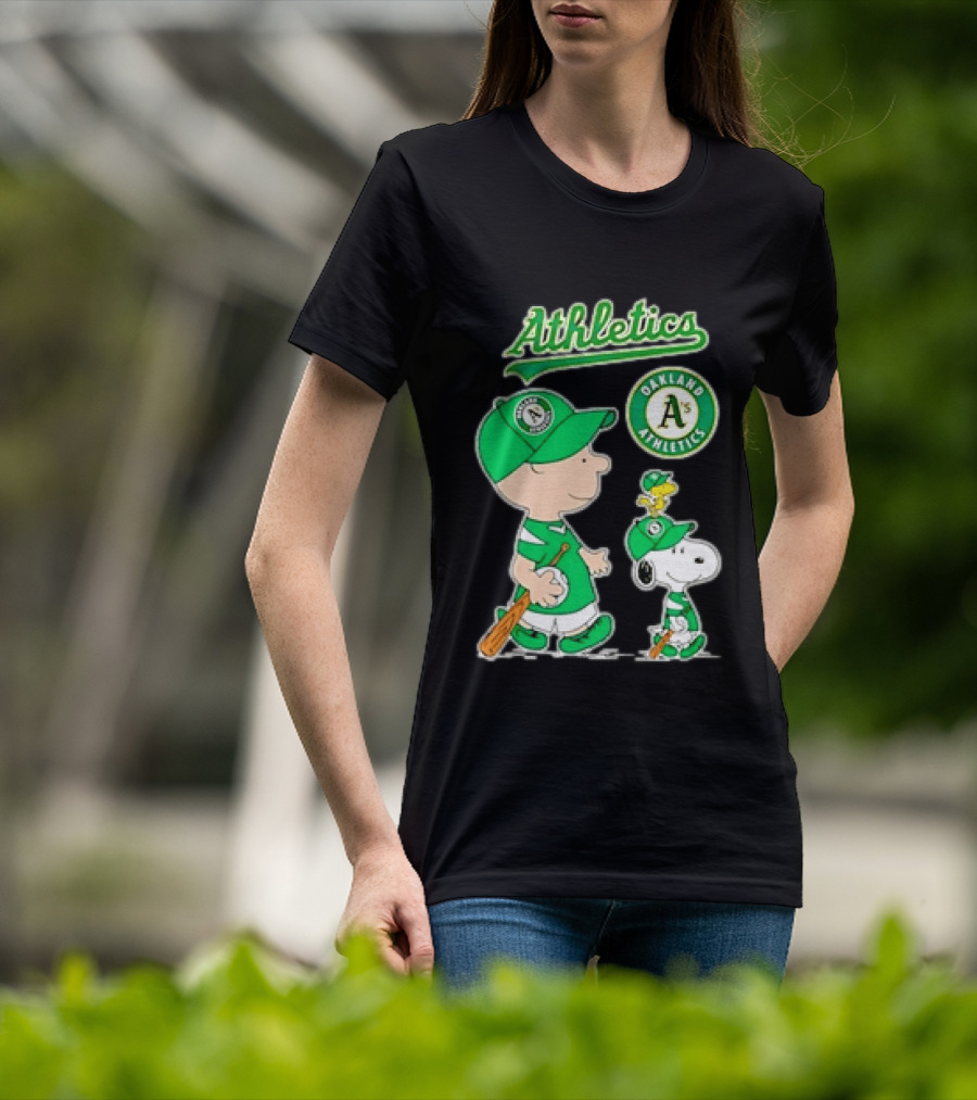Oakland Athletics MLB Charlie Brown Snoopy Woodstock Baseball Peanuts Characters T-Shirt