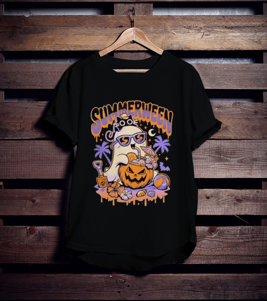 Summerween Cartoon Ghost Sunglasses Drinking Pumpkin Beach Vibes T-Shirt