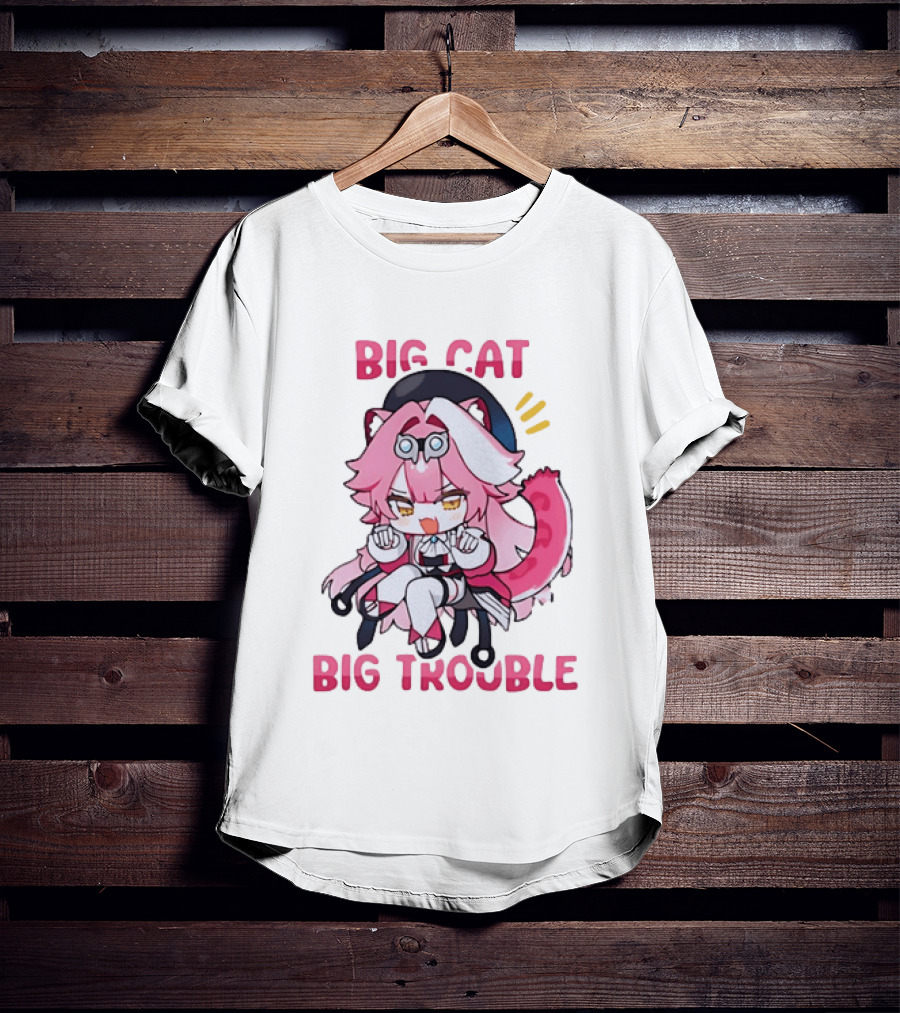 Big Cat Big Trouble Chibi Character With Pink Hair And Tail T-Shirt