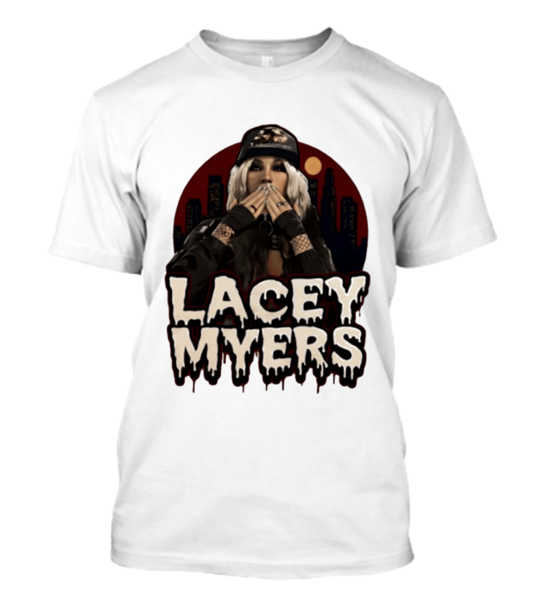 Lacey Myers City Skyline Red Moon Horror T-Shirt