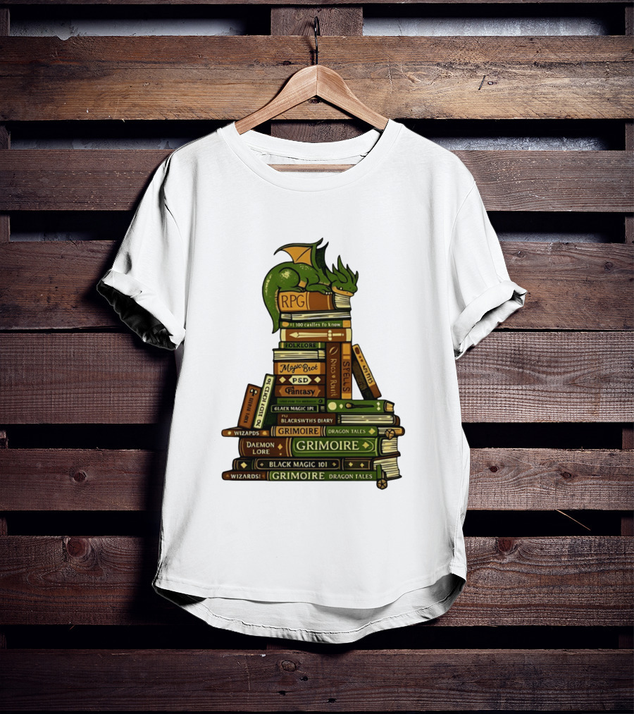 Dragon Resting On RPG Fantasy Grimoire Magic Books Stack T-Shirt