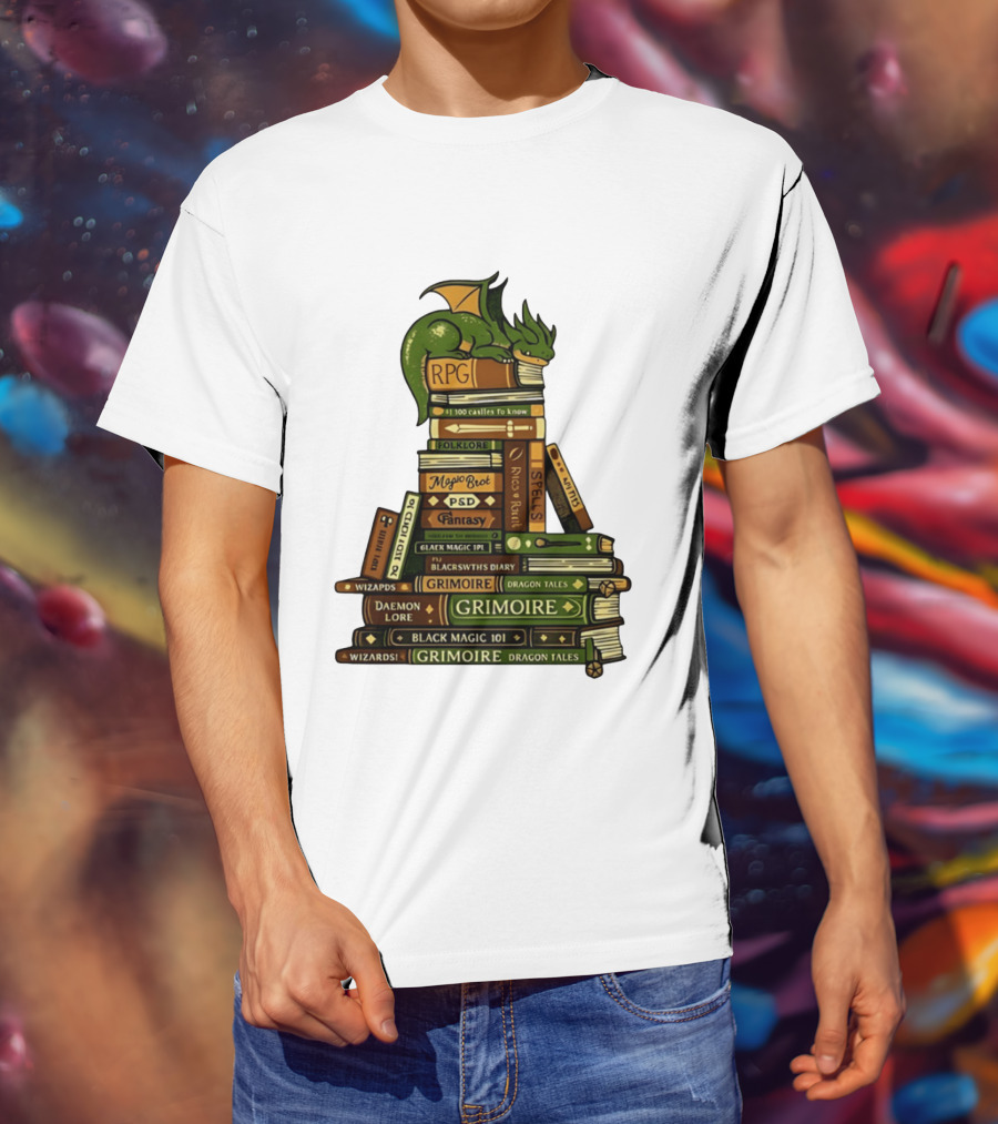 Dragon Resting On RPG Fantasy Grimoire Magic Books Stack T-Shirt
