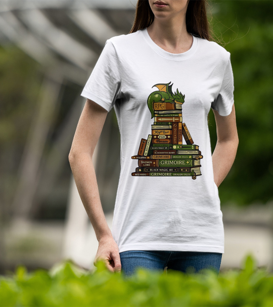 Dragon Resting On RPG Fantasy Grimoire Magic Books Stack T-Shirt