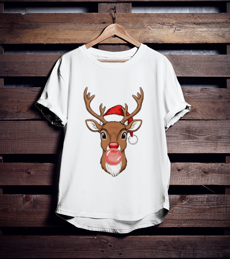 Merry Christmas Reindeer Santa Hat Bubble Gum Red Nose T-Shirt