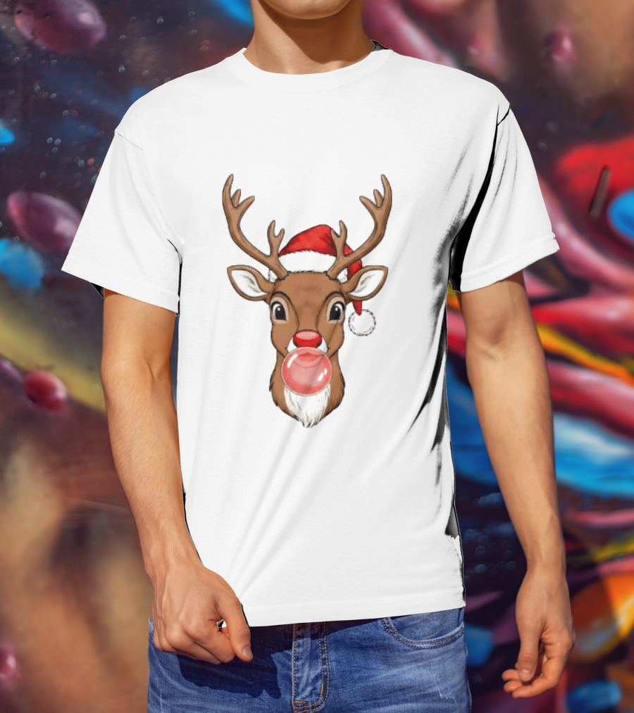 Merry Christmas Reindeer Santa Hat Bubble Gum Red Nose T-Shirt