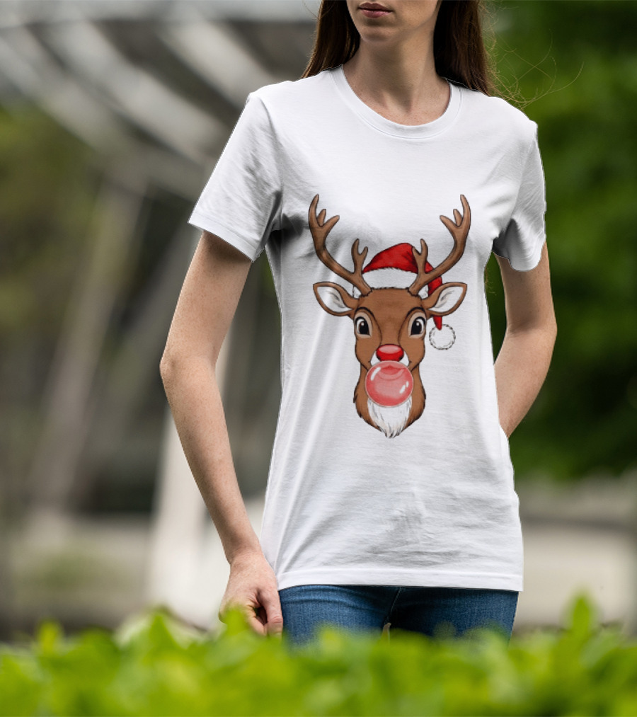 Merry Christmas Reindeer Santa Hat Bubble Gum Red Nose T-Shirt