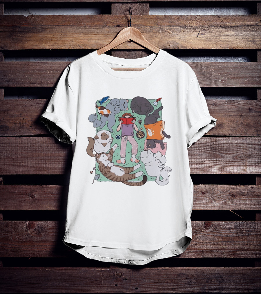 Girl Reading A Book With Cats Around Her Cat Lover T-Shirt
