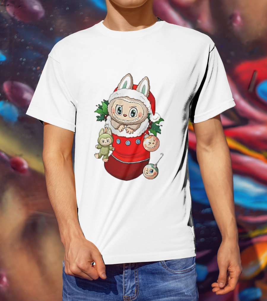 Stocking Stuffer Labubu Christmas Santa Hat Holly Ornaments T-Shirt