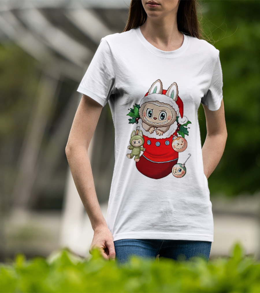 Stocking Stuffer Labubu Christmas Santa Hat Holly Ornaments T-Shirt