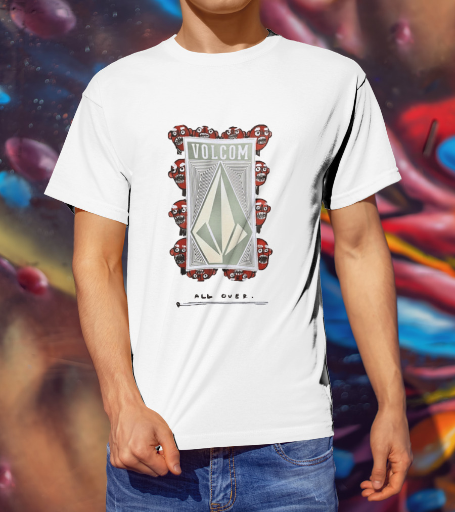 Volcom All Over Streetwear Skateboarding With Red Skull Faces T-Shirt