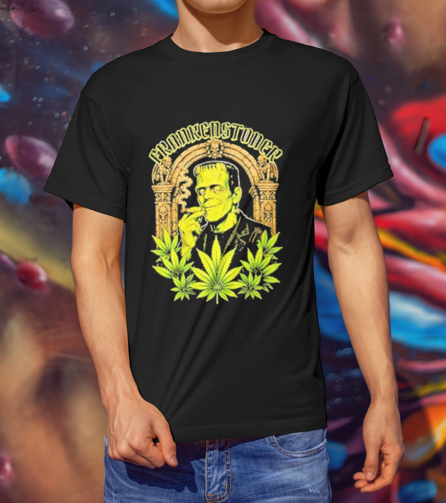 Frankenstoner Frankenstein Marijuana Smoking Arch Skulls T-Shirt