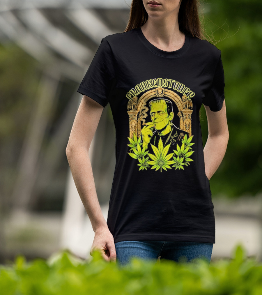 Frankenstoner Frankenstein Marijuana Smoking Arch Skulls T-Shirt