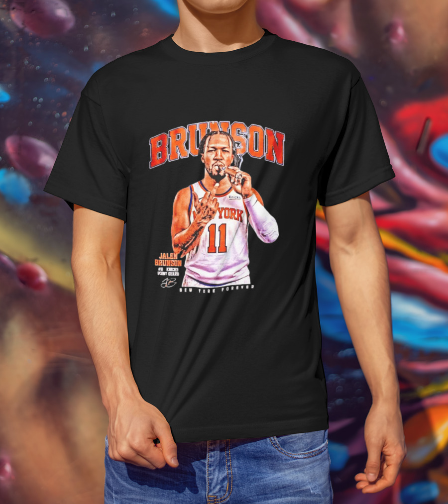 Jalen Brunson Middle Finger New York Knicks NBA Point Guard Brunson 11 Old Yolk Records Knicks T-Shirt