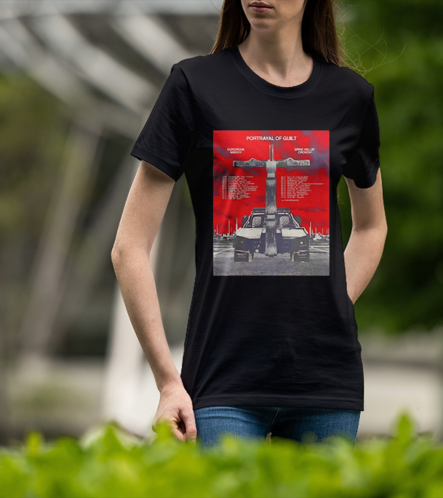 Portrayal Of Guilt Europe UK MMXXVI Spike Hellis Crouch Oathbreaker Tour Dates Tire Tracks Industrial Red T-Shirt