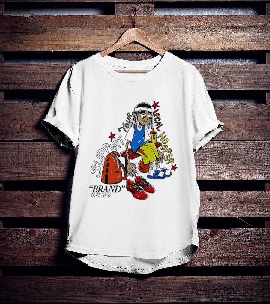 Support Your Local Hooper Cartoon Basketball Player Backpack Red Shoes Brand Est 2026 T-Shirt