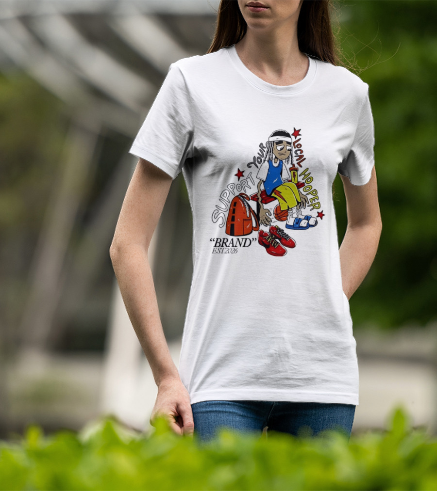 Support Your Local Hooper Cartoon Basketball Player Backpack Red Shoes Brand Est 2026 T-Shirt