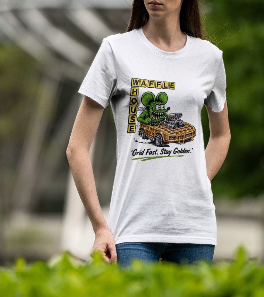 Rat Fink Waffle House Grid Fast Stay Golden Car Racer T-Shirt