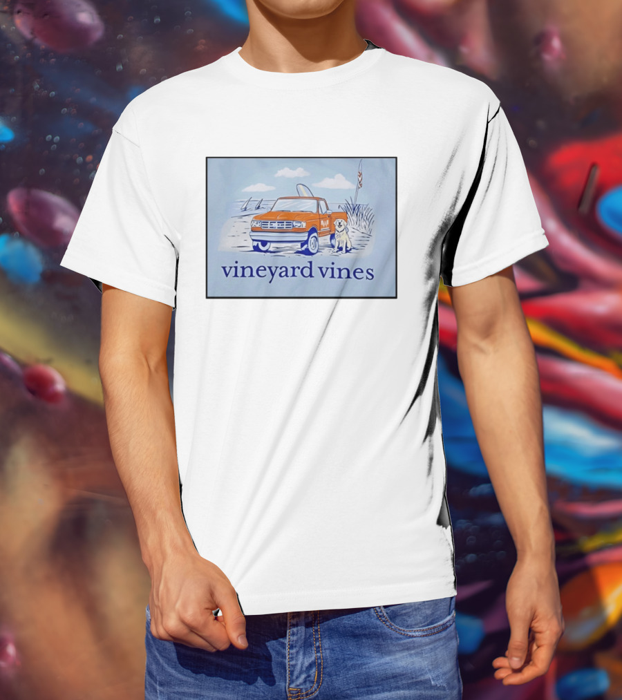 Vineyard Vines Beach Dog And Surf Truck Scene With Golden Retriever T-Shirt