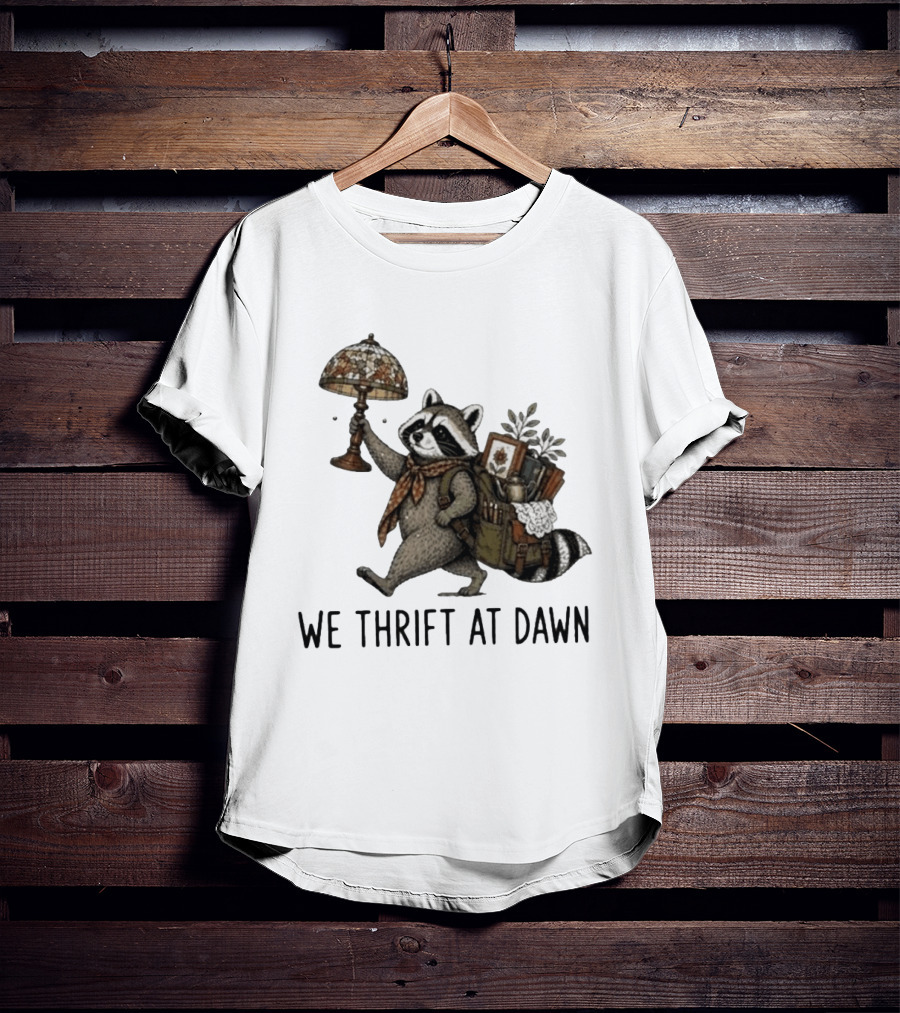 Raccoon With Backpack And Lamp We Thrift At Dawn T-Shirt