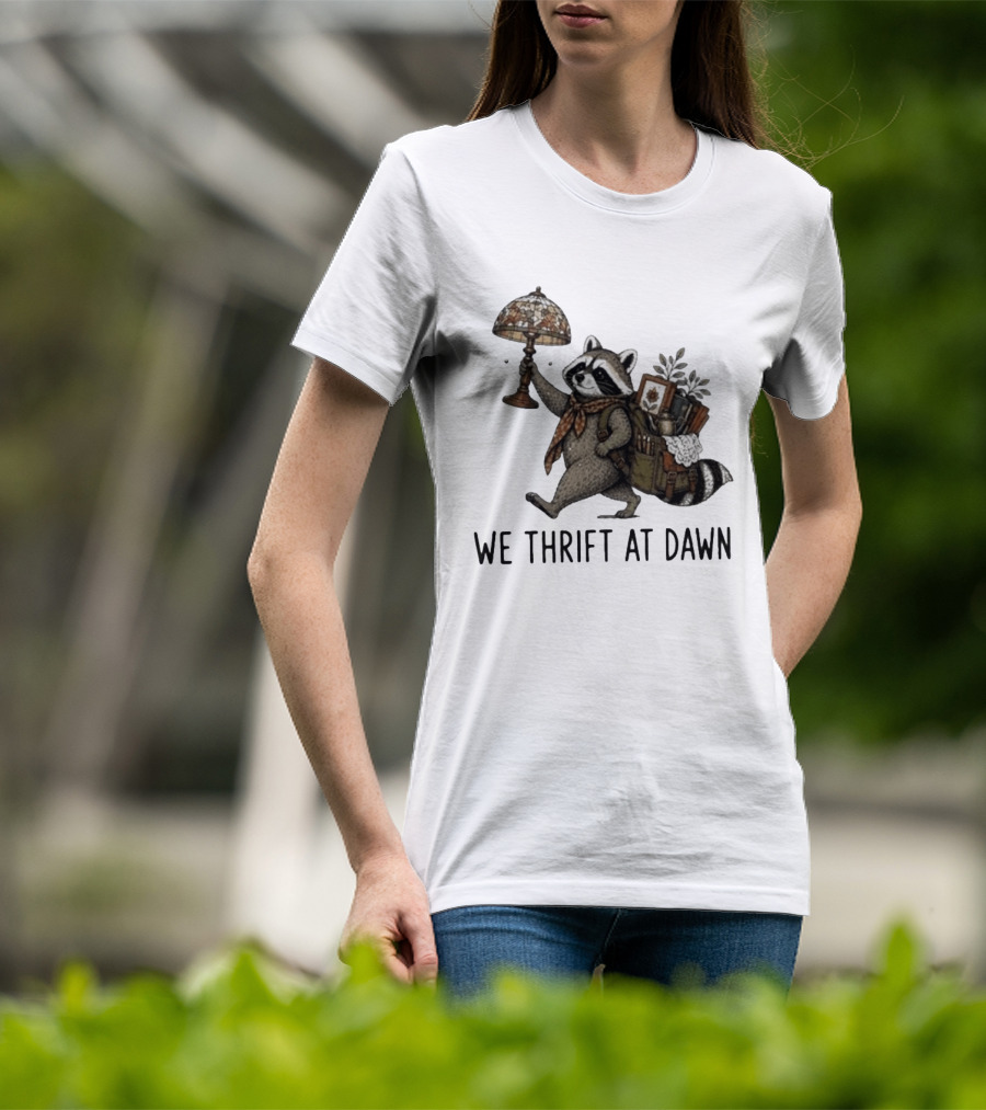 Raccoon With Backpack And Lamp We Thrift At Dawn T-Shirt